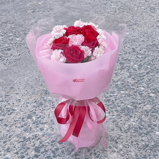 Five Red Roses with Assorted Pink Carnations Bouquet