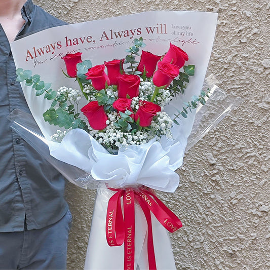 Ten Imported Red Roses with Filler Flowers 'Always have, Always will love you all my life' Bouquet