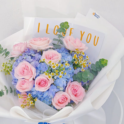 Blue Hydrangeas and Soft Pink English Roses 'I Love You' Bouquet