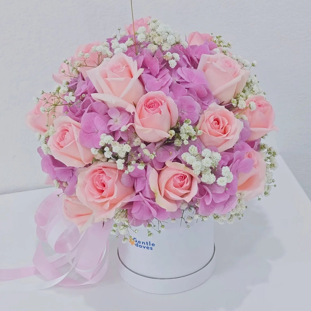 กล่องดอกไฮเดรนเยีย สีชมพู และ กุหลาบสีชมพูอ่อน กล่องขนาดเล็ก