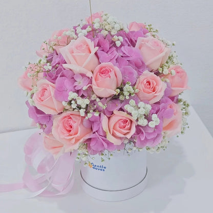Pink Hydrangeas and Soft Pink Roses in Small Box Arrangement