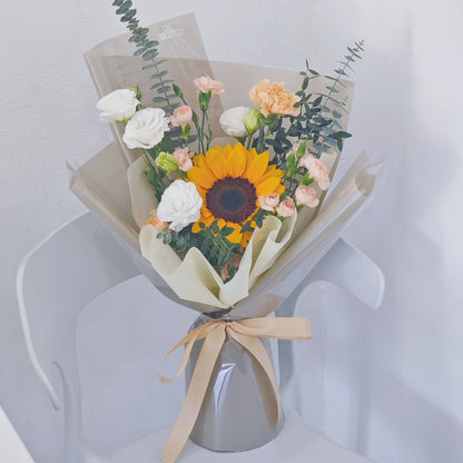 Single Sunflower with Warm Flowers Small Bouquet