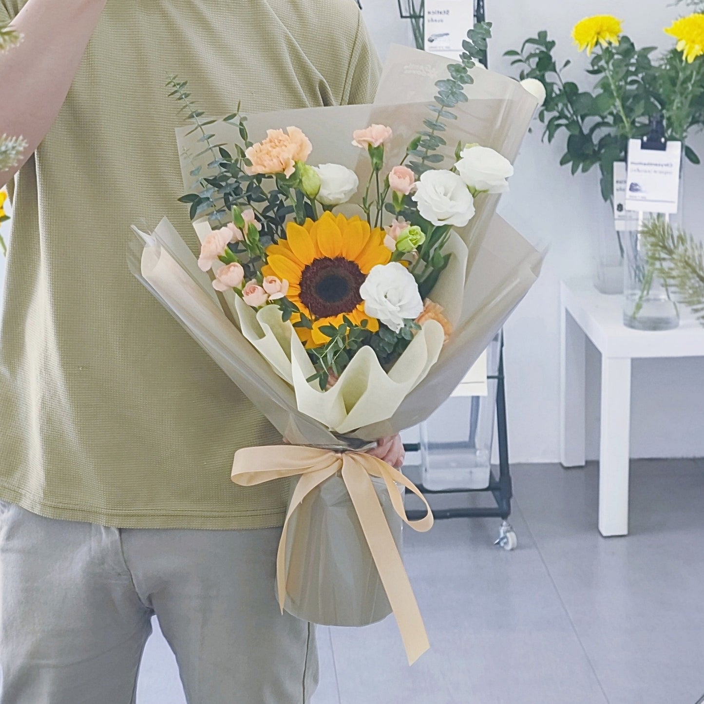 Single Sunflower with Warm Flowers Small Bouquet