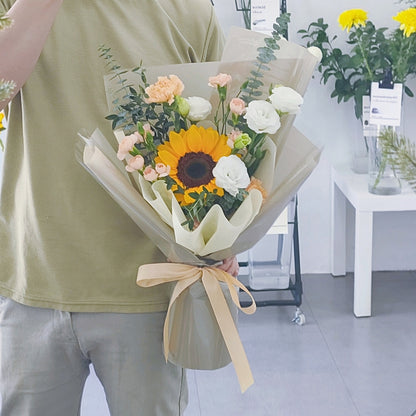 Single Sunflower with Warm Flowers Small Bouquet