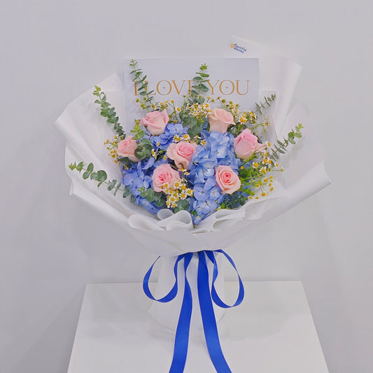 Blue Hydrangeas and Soft Pink English Roses 'I Love You' Bouquet