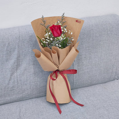 Single Red Rose with Filler Flowers in Kraft Paper Small Bouquet