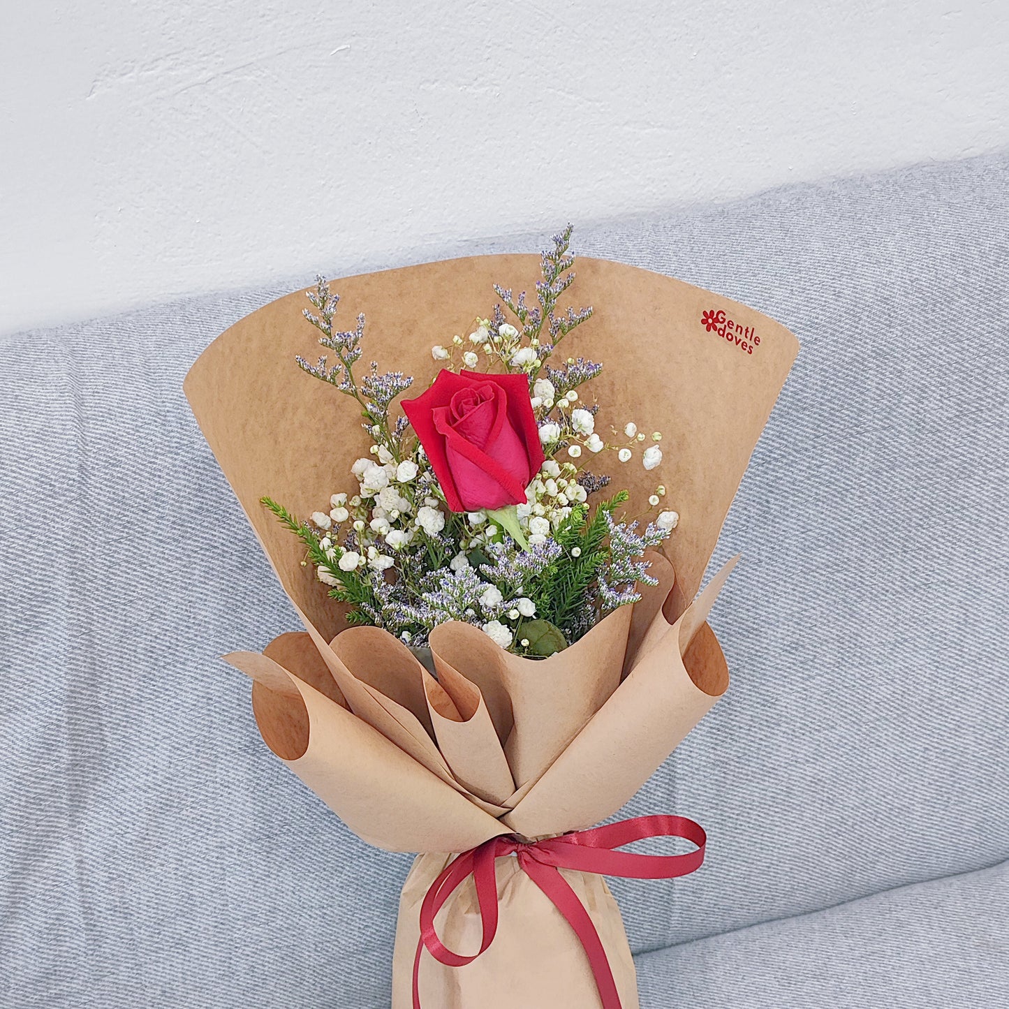 Single Red Rose with Filler Flowers in Kraft Paper Small Bouquet