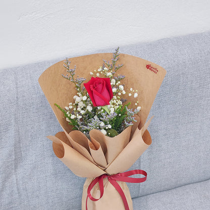 Single Red Rose with Filler Flowers in Kraft Paper Small Bouquet