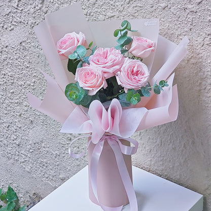 Five Soft Pink English Roses with Eucalpytus Bouquet