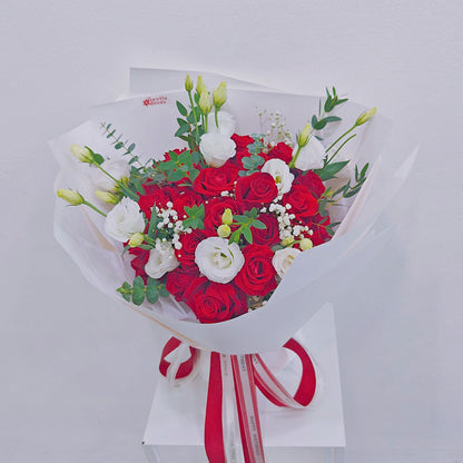 Thirty Red Roses with White and Green Filler Flowers Bouquet
