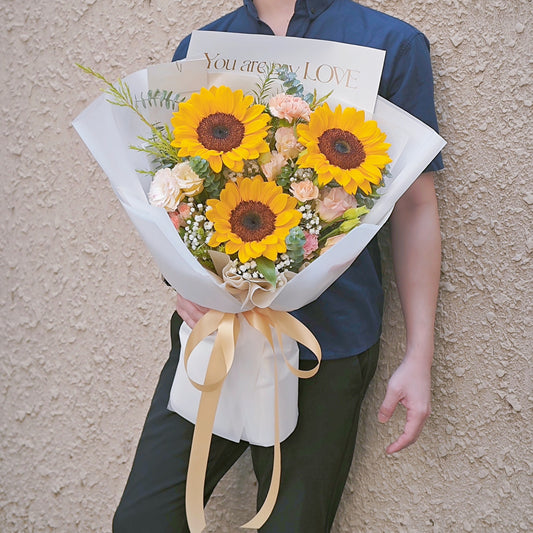 Three Sunflowers with Assorted Soft Yellow & Orange Flowers with 'You are my Love' Large Bouquet