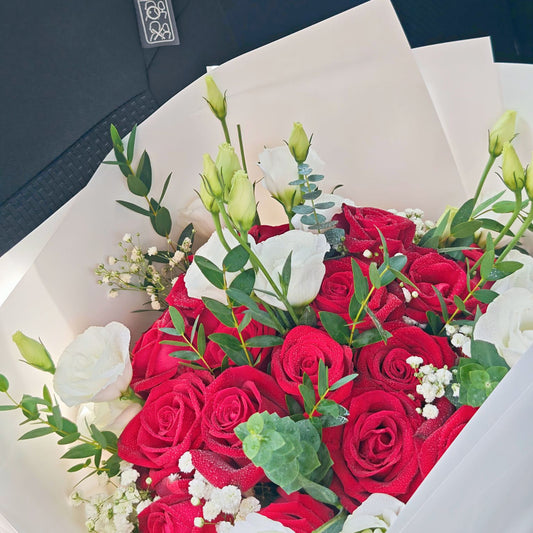 Thirty Red Roses with White and Green Filler Flowers Bouquet